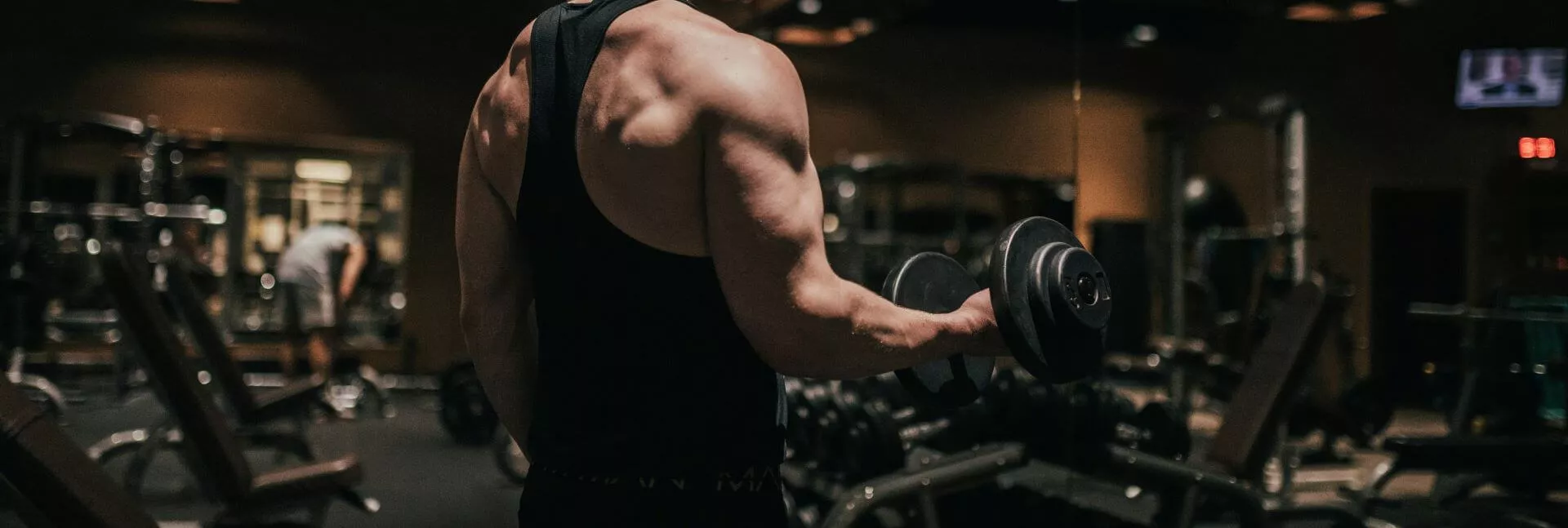 Various exercise equipment is viewed, including a rack of weights, some dumbbells', and ellipticals. . There is a neon green light that colors the entire image.